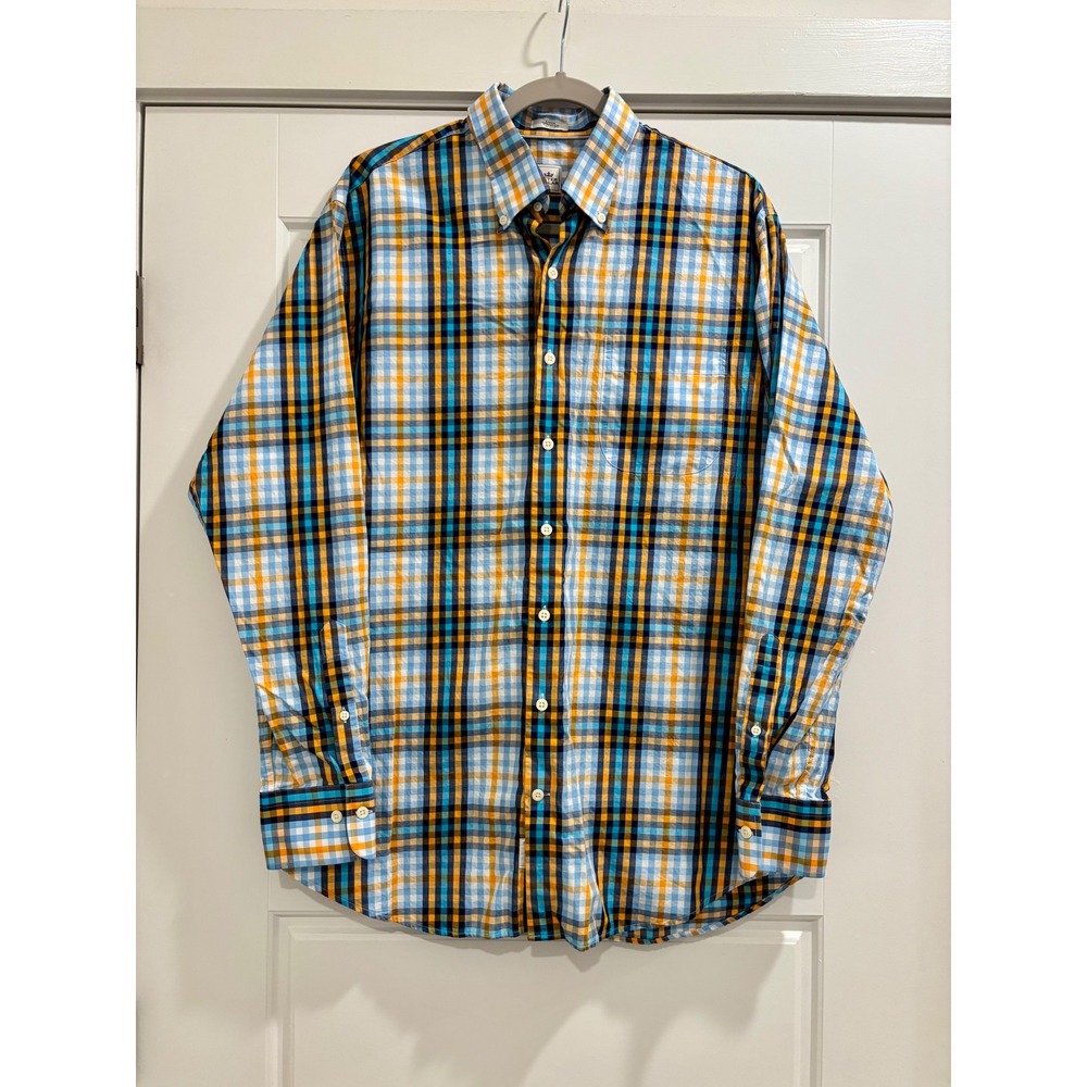 Peter Millar Mens Large Plaid Button Down Shirt Blue Yellow Orange Cotton L/S
